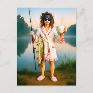 Cartão Postal De Festividades Mulher sonolenta em roupão pega pique grande