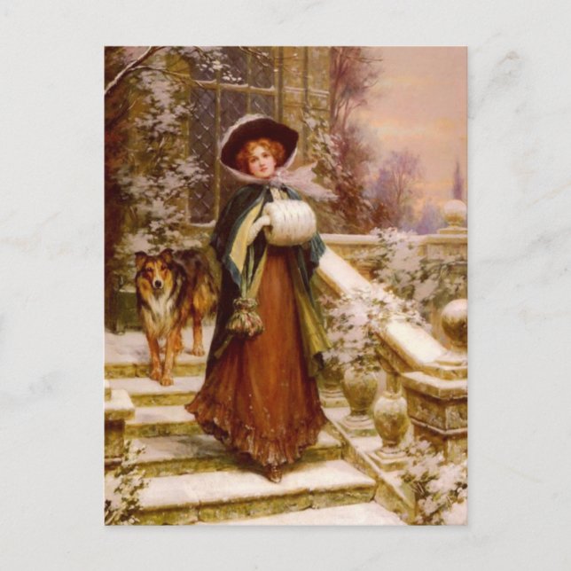 Cartão Postal De Festividades Mulher Vitoriana com Férias de Natal do Cão Collie (Frente)