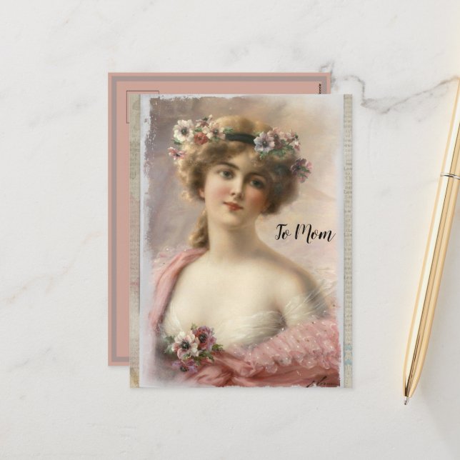 Cartão Postal De Festividades Mulher Vitoriana Vítima Vestida com Flores na Aqua (Frente/Verso In Situ)