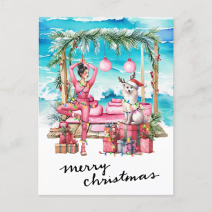 Cartão Postal De Festividades Mulher Yoga com presentes no Natal da Praia temia