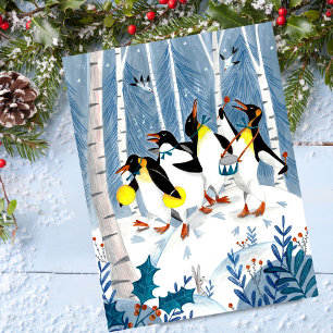 Cartão Postal De Festividades Músicos azuis e bonitos pinguins de neve diversão