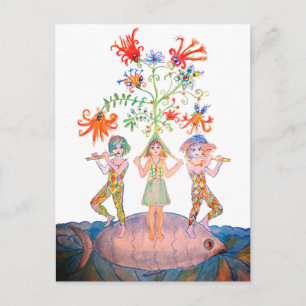 Cartão Postal De Festividades Músicos de Fantasia em um Peixe Gigante