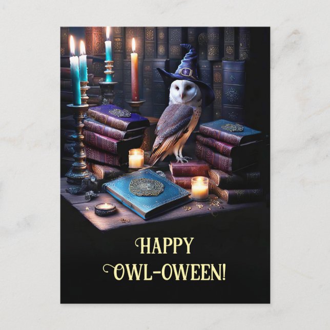 Cartão Postal De Festividades Mystical Owl Magical Books Feliz Dia das Bruxas (Frente)