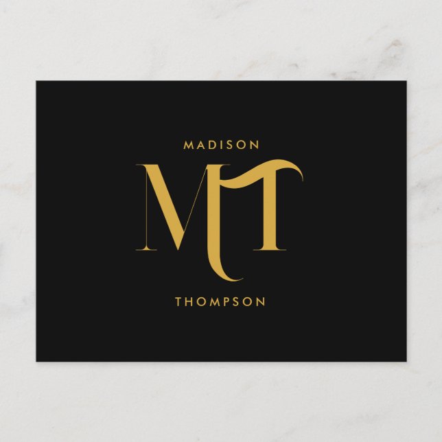 Cartão Postal De Festividades Na moda preto e Dourado Monograma - Letras iniciai (Frente)