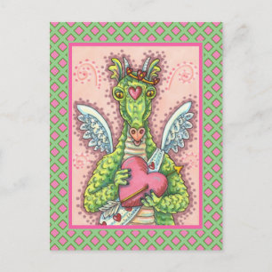 CARTÃO POSTAL DE FESTIVIDADES NAMORADOS DE FANTASIA CUPID DRAGON, CORAÇÃO E SETA