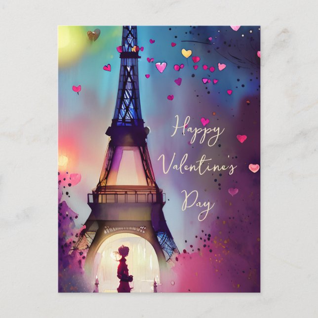 Cartão Postal De Festividades Namorados de torre Eiffel com Aquarela (Frente)