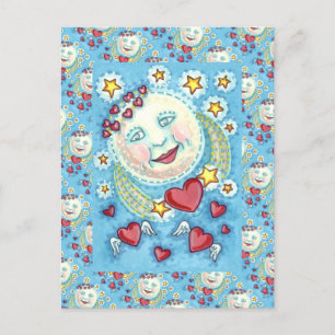 CARTÃO POSTAL DE FESTIVIDADES NAMORADOS NA LUA, ESTRELAS E CORAÇÕES PESADAS