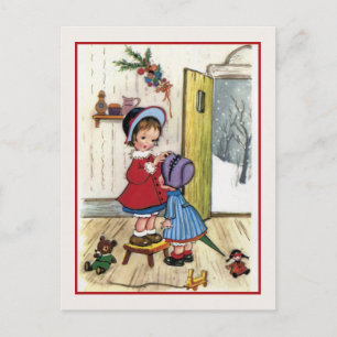 Cartão Postal De Festividades natais vintages 2 meninas, brinquedos