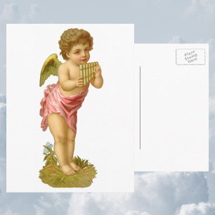 Cartão Postal De Festividades Natais vintages, Anjo Musical com Pan Pipes