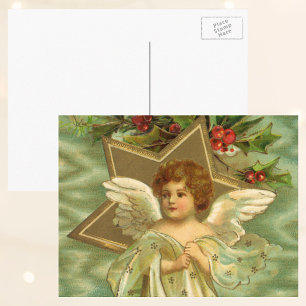 Cartão Postal De Festividades Natais vintages, Anjo Vitoriano com Estrelas Doura