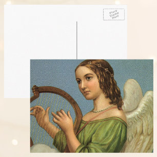 Cartão Postal De Festividades Natais vintages, Anjo Vitoriano com Music Harp