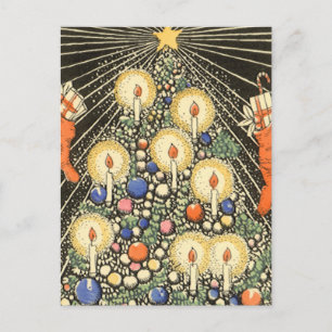 Cartão Postal De Festividades Natais vintages, Árvore com Velas e Estrela