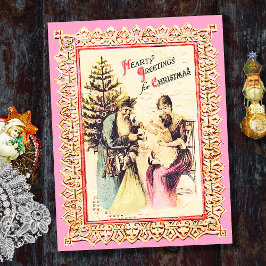 Cartão Postal De Festividades Natais vintages bonitos com Papais noeis cor-de-ro