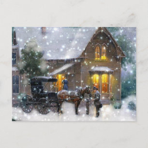 Cartão Postal De Festividades Natais vintages Carruagem de cavalo Cena de invern