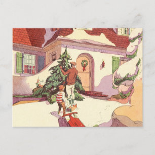 Cartão Postal De Festividades Natais vintages, Casa da Família na Neve