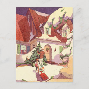 Cartão Postal De Festividades Natais vintages, Casa da Família na Neve