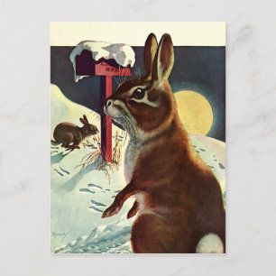 Cartão Postal De Festividades Natais vintages, coelhos num campo de neve de inve
