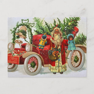 Cartão Postal De Festividades Natais vintages com brinquedos e carro vermelho