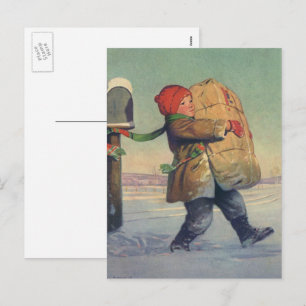 Cartão Postal De Festividades natais vintages, Criança com Pacote Grande