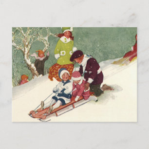 Cartão Postal De Festividades Natais vintages, Crianças Dormindo na Neve