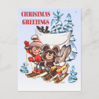 Cartão Postal De Festividades Natais vintages, crianças e animais nos esquis