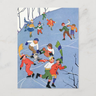 Cartão Postal De Festividades Natais vintages, crianças patinando gelo em um la