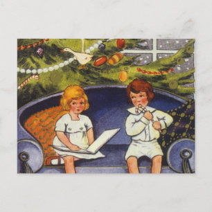 Cartão Postal De Festividades Natais vintages, Crianças Sentadas em um sofá