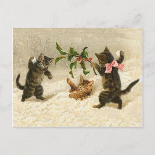 Cartão Postal De Festividades natais vintages de luta de bola de neve de gatos-q