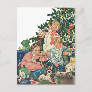 Cartão Postal De Festividades natais vintages de manhã, crianças abrindo prese