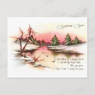 Cartão Postal De Festividades Natais vintages de paisagem de inverno cor-de-rosa
