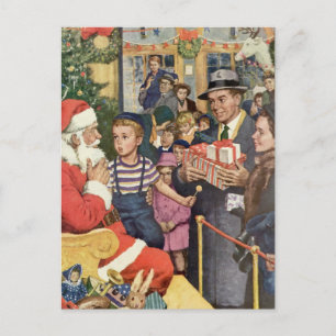Cartão Postal De Festividades natais vintages desejam, garoto no Papai Noel