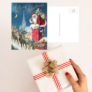 Cartão Postal De Festividades natais vintages do Papai Noel Vitoriano na Chamin