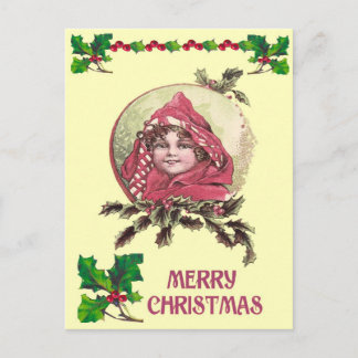 Cartão Postal De Festividades Natais vintages, Edwardian Girl em um capô