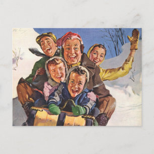 Cartão Postal De Festividades natais vintages, Feliz Família Toboggan Sledim