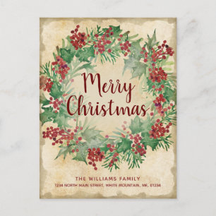 Cartão Postal De Festividades Natais vintages Green Holly Berry Wreath Movendo-s