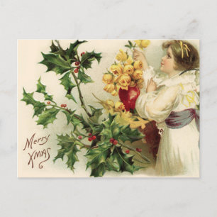 Cartão Postal De Festividades Natais vintages Holly Berry e Rosas