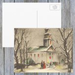 Cartão Postal De Festividades Natais vintages, Igreja na Paisagem das Neves do I<br><div class="desc">Ilustração de época design de Natal vitoriano apresentando uma igreja numa paisagem de inverno com árvores. Há neve no chão e paroquianos estão chegando para serviços. Bonitos tons antigos com cores brilhantes de vermelho e verde nas janelas.</div>