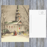 Cartão Postal De Festividades Natais vintages, Igreja na Paisagem das Neves do I<br><div class="desc">Ilustração de época design de Natal vitoriano apresentando uma igreja numa paisagem de inverno com árvores. Há neve no chão e paroquianos estão chegando para serviços. Bonitos tons antigos com cores brilhantes de vermelho e verde nas janelas.</div>