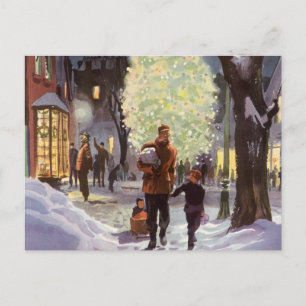 Cartão Postal De Festividades Natais vintages, Pai Comprando com as Crianças