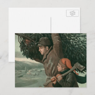 Cartão Postal De Festividades Natais vintages, Pai e Filho Cortaram a Árvore