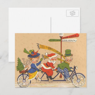 Cartão Postal De Festividades natais vintages, Papai Noel andando de bicicleta