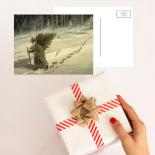 Cartão Postal De Festividades Natais vintages, Papai Noel Carregando uma árvore