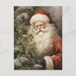 Cartão Postal De Festividades Natais vintages Papai Noel com Holly Berry