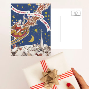 Cartão Postal De Festividades Natais vintages Papai Noel com Rena Voadora