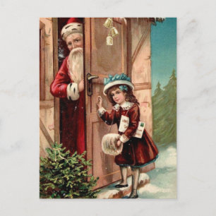 Cartão Postal De Festividades Natais vintages Papai Noel e uma Menina