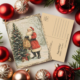 Cartão Postal De Festividades Natais vintages Papai Noel, neve e árvore