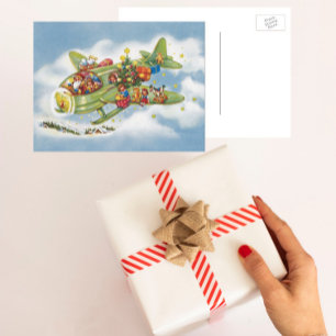 Cartão Postal De Festividades Natais vintages, Papai Noel Voando um Avião