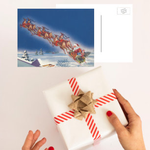 Cartão Postal De Festividades Natais vintages, Papais noeis voando com névoa