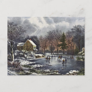 Cartão Postal De Festividades natais vintages, Patinadores de inverno Pond