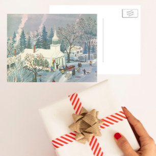 Cartão Postal De Festividades Natais vintages, Pessoas indo à Igreja na Neve